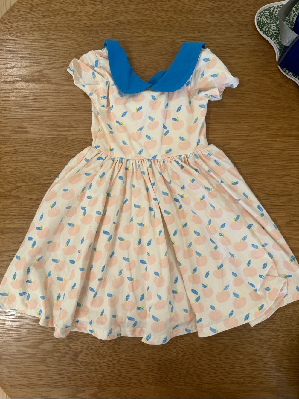 Girls Peach-Print Dress with Blue Peter Pan Collar